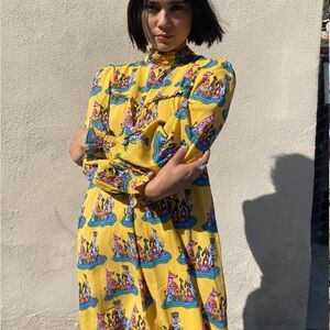 NOOWORKS dog party yellow printed‎ long puff sleeve mini dress